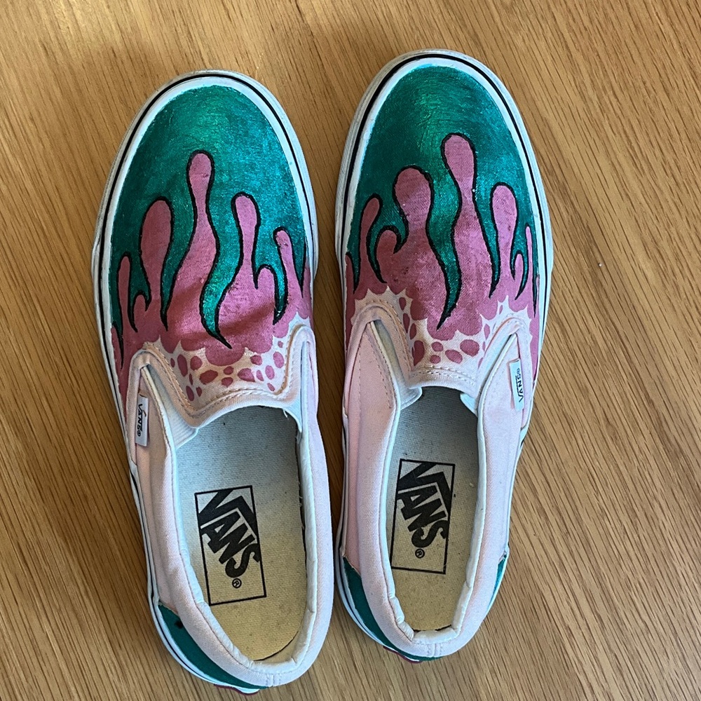 Vans Teal and Pink Flame Slip-Ons, custom hand painted - Picture 3 of 6